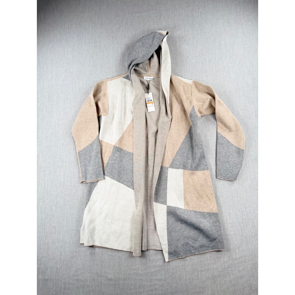 Calvin Klein Womens Colorblock Hooded Open Front Cardigan M8HP6721 Grey Tan S